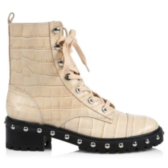 SCHUTZ Cream Croc-Embossed Combat Boots with stud detail - Picture 1 of 9